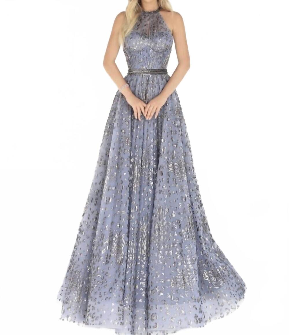 NEW TARIK EDIZ halter evening gown in blue multi